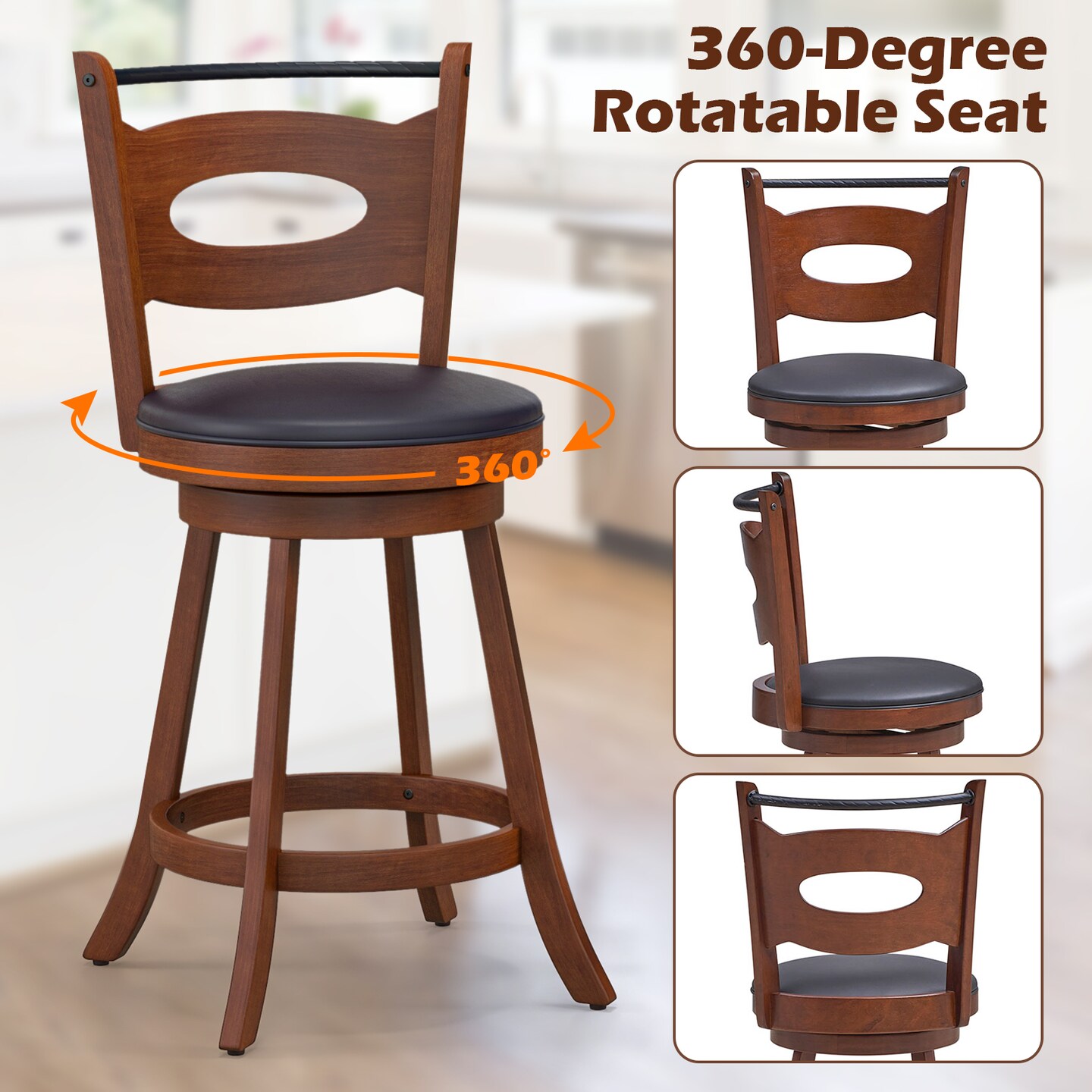 Brown Black Rubber Wood Swivel Bar Stools Cut-Out Back
