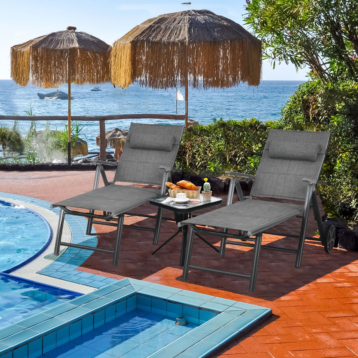 Costway 2PCS Patio Reclining Chaise Lounge Padded Chair Aluminum Adjust Pillow