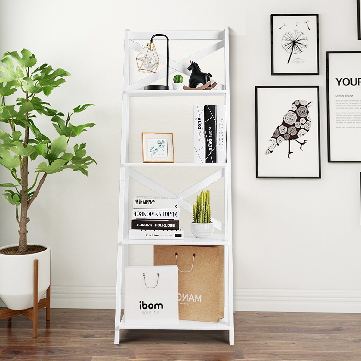 Costway 4-Tier Ladder Shelf Bookshelf Bookcase Storage Display Plant Leaning Shelf White