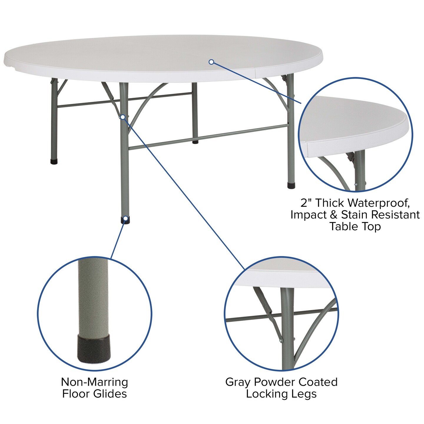 Emma and Oliver 6-Foot Round Bi-Fold Plastic Banquet and Event Folding Table with Carrying Handle
