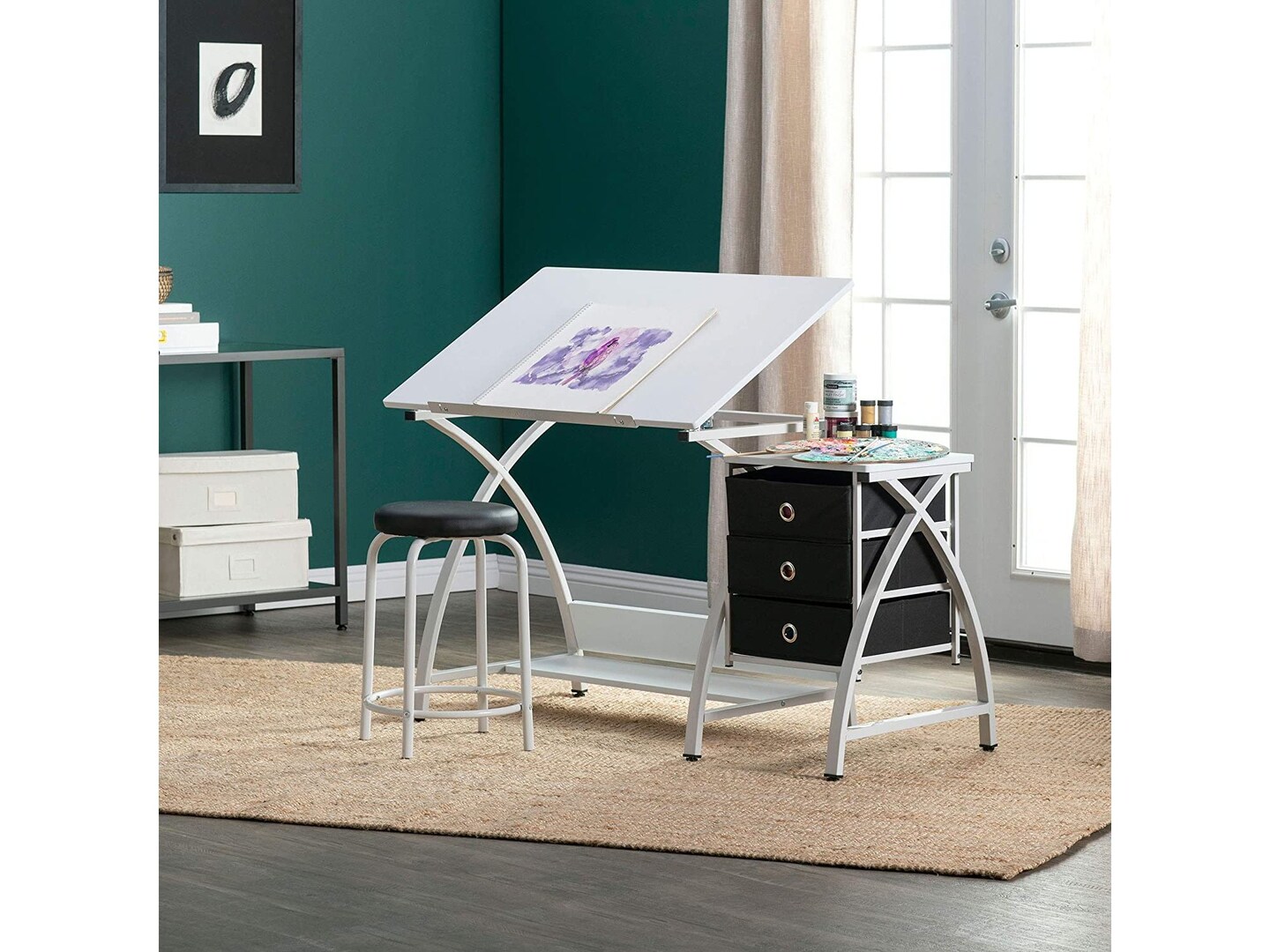 SD STUDIO DESIGNS 2 Piece Venus Craft Table with Angle Adjustable Top and Stool - White/White