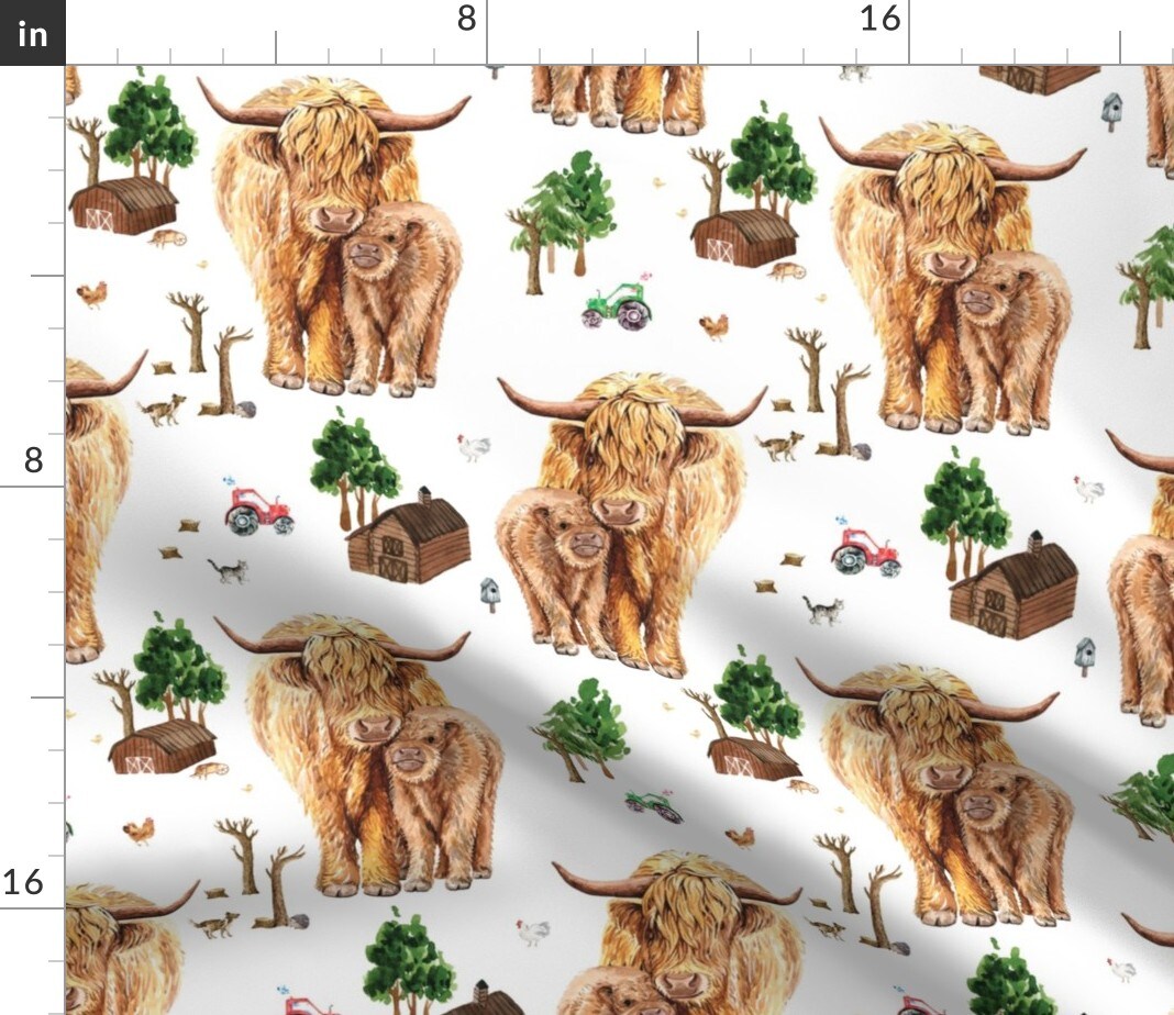 Highland Cow Scottish Shaggy Calf Farm Scotland Barnyard Animal Barn Custom Printed Fabric by Spoonflower Various Fabrics by the Yard or Fat Quarter