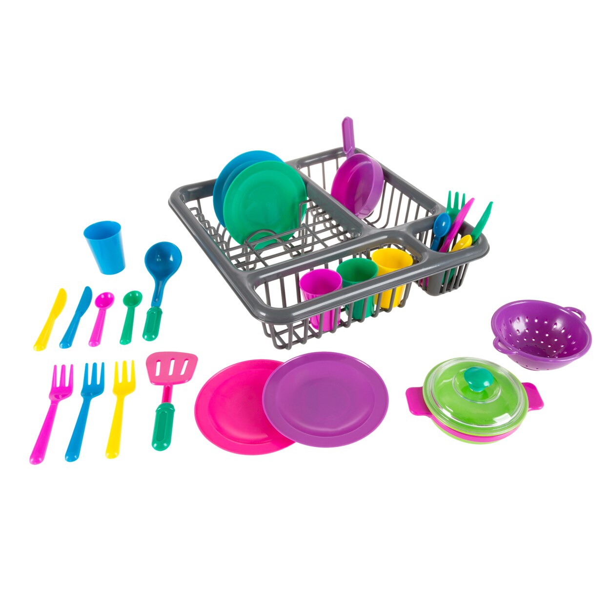 Hey! Play! Kids Toy Play Dishes Tableware Dish Drainer Plates Forks Cups Kitchen Play Set