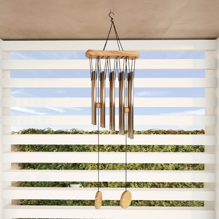 Metal And Wood Wind Chime 34.5 Inch Bronze Finish Soothing Tone Garden Decor