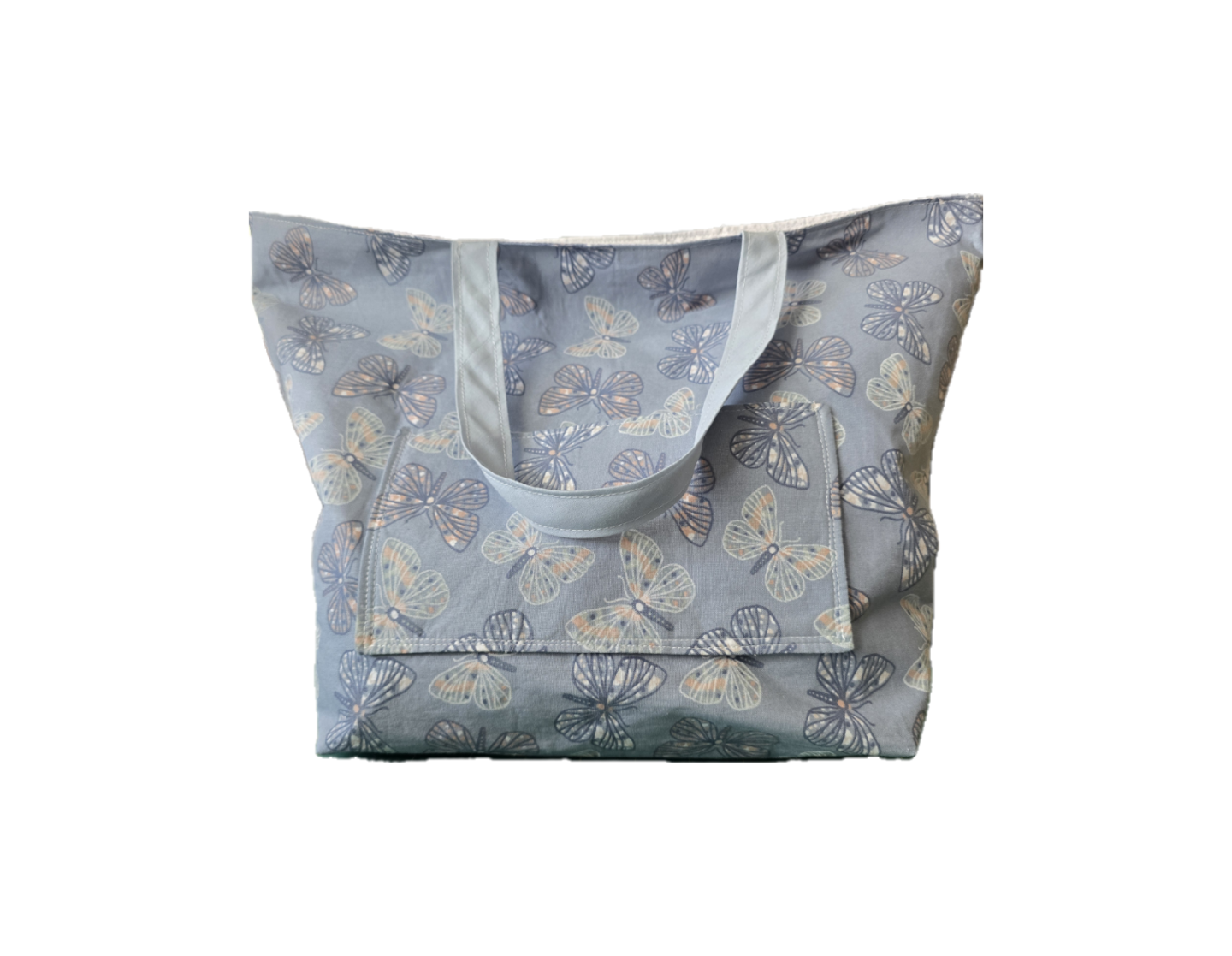 Light Blue Tote Bag with Butterfly Print, Snap Closure Purse