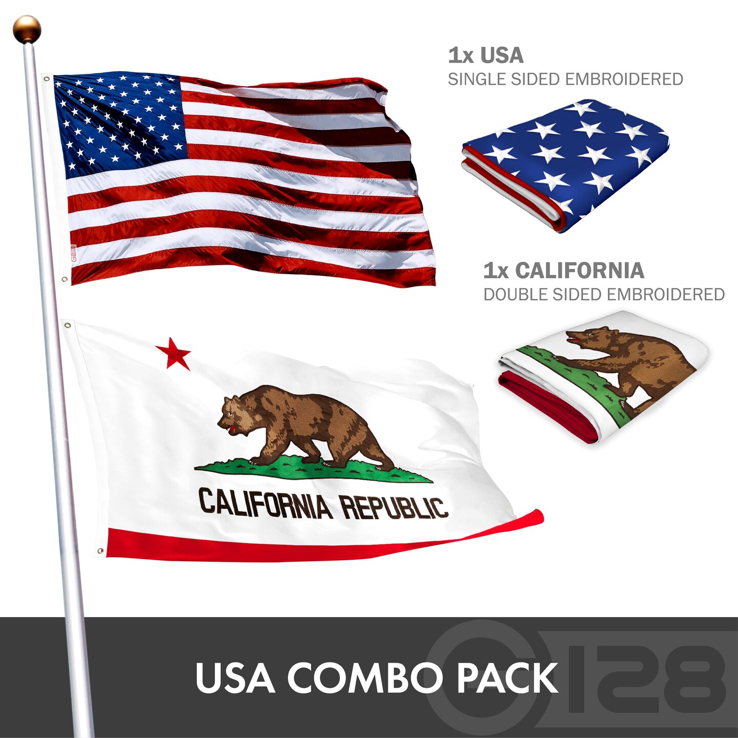 G128 Combo Pack: USA American Flag &#x26; California CA State Flag 4x6 Ft Double Sided Embroidered Polyester, Indoor/Outdoor, Brass Grommets