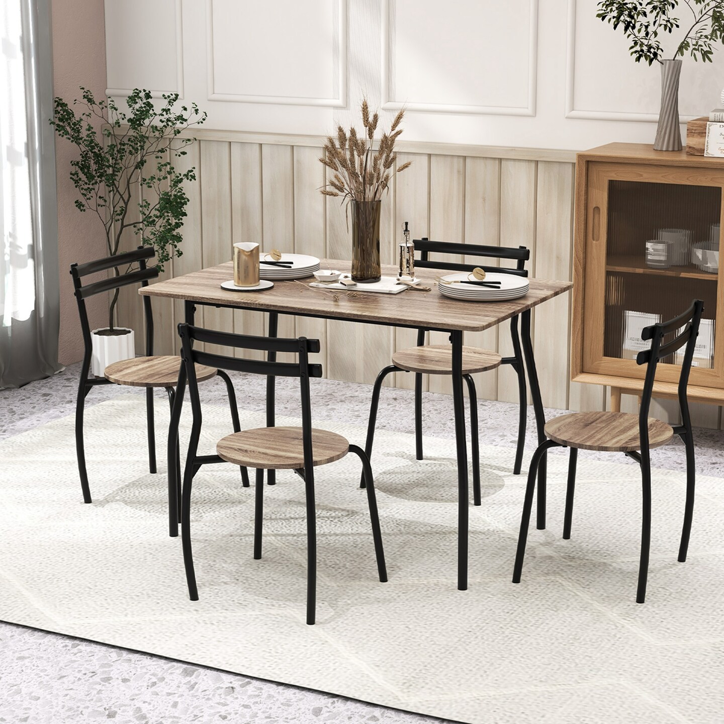 Costway 5PCS Dining Table Set 4 Chairs Wood &#x26; Metal Frame Space-saving Kitchen Furniture