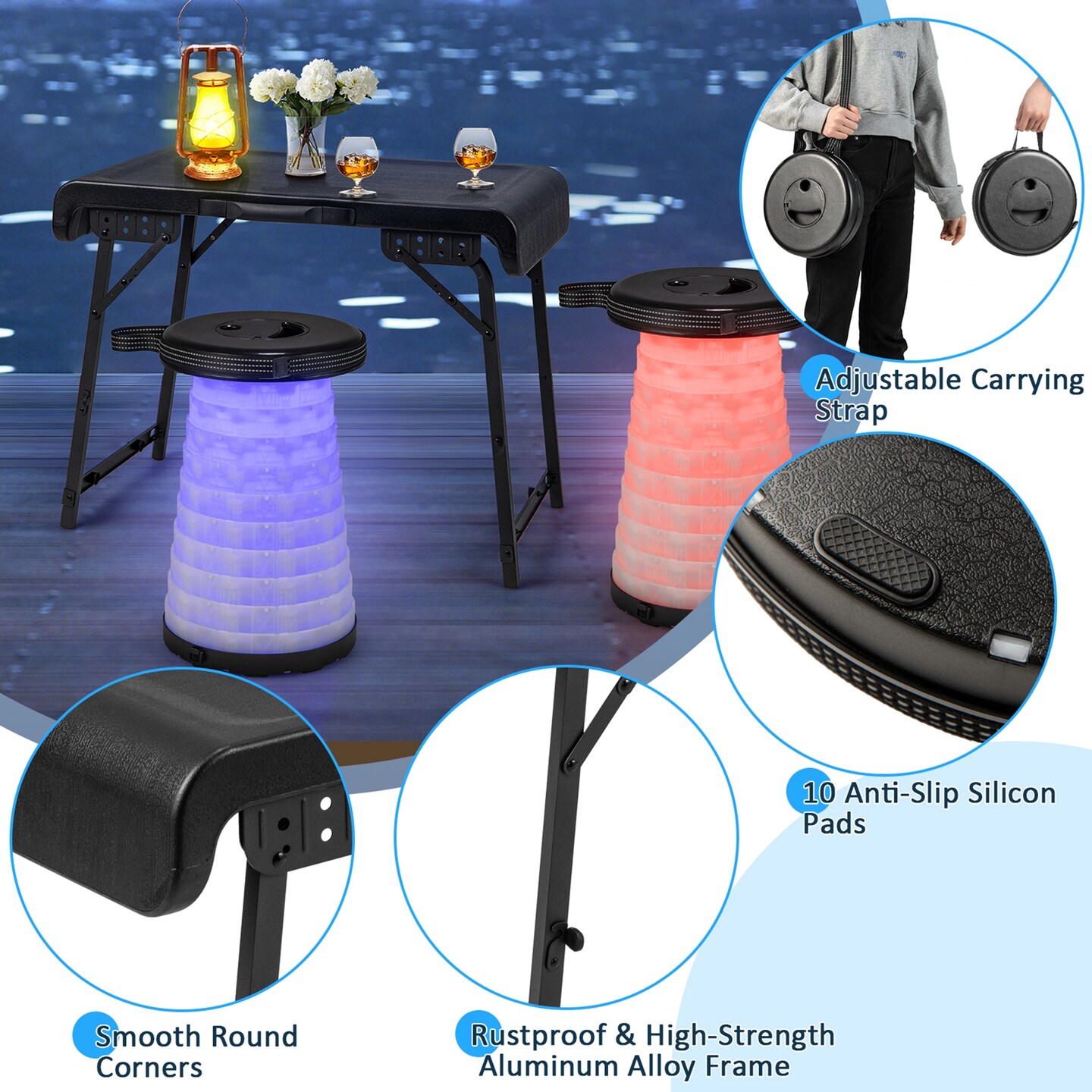 Costway 3-Piece Folding Table Stool Set with a Camping Table &#x26; 2 Retractable LED Stools