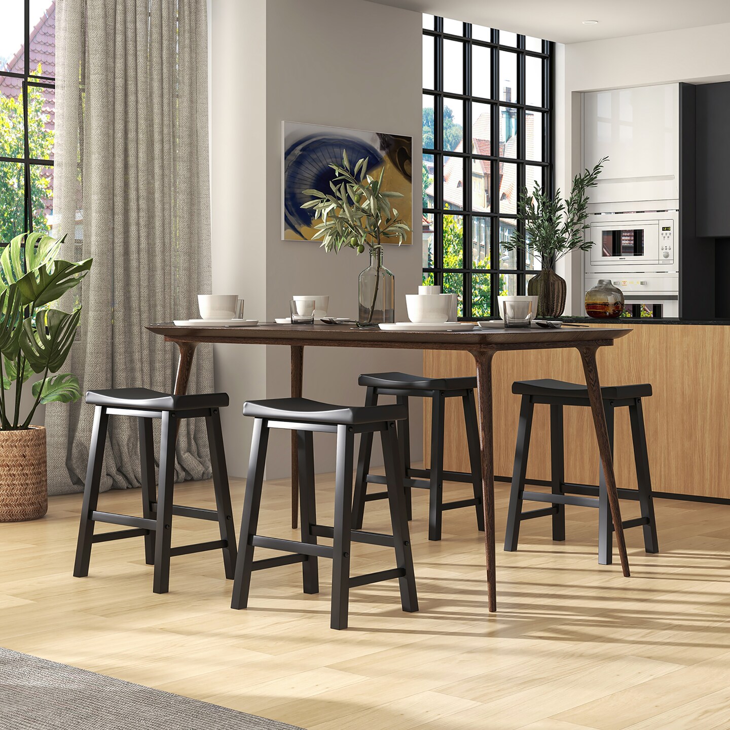 Costway Set of 2 Saddle Bar Stools Counter Height Dining Chairs with Wooden Legs Black/Grey