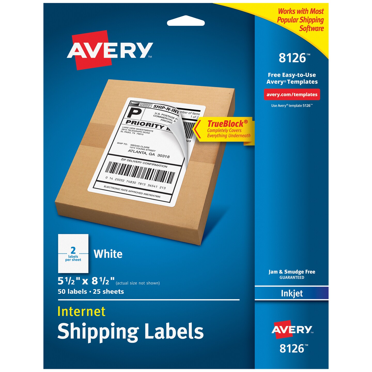 Avery True Block Shipping Labels, 5.5&#x22; x 8.5&#x22;, Matte White, Permanent Adhesive, 125 Sheets, 250/PK (91041)