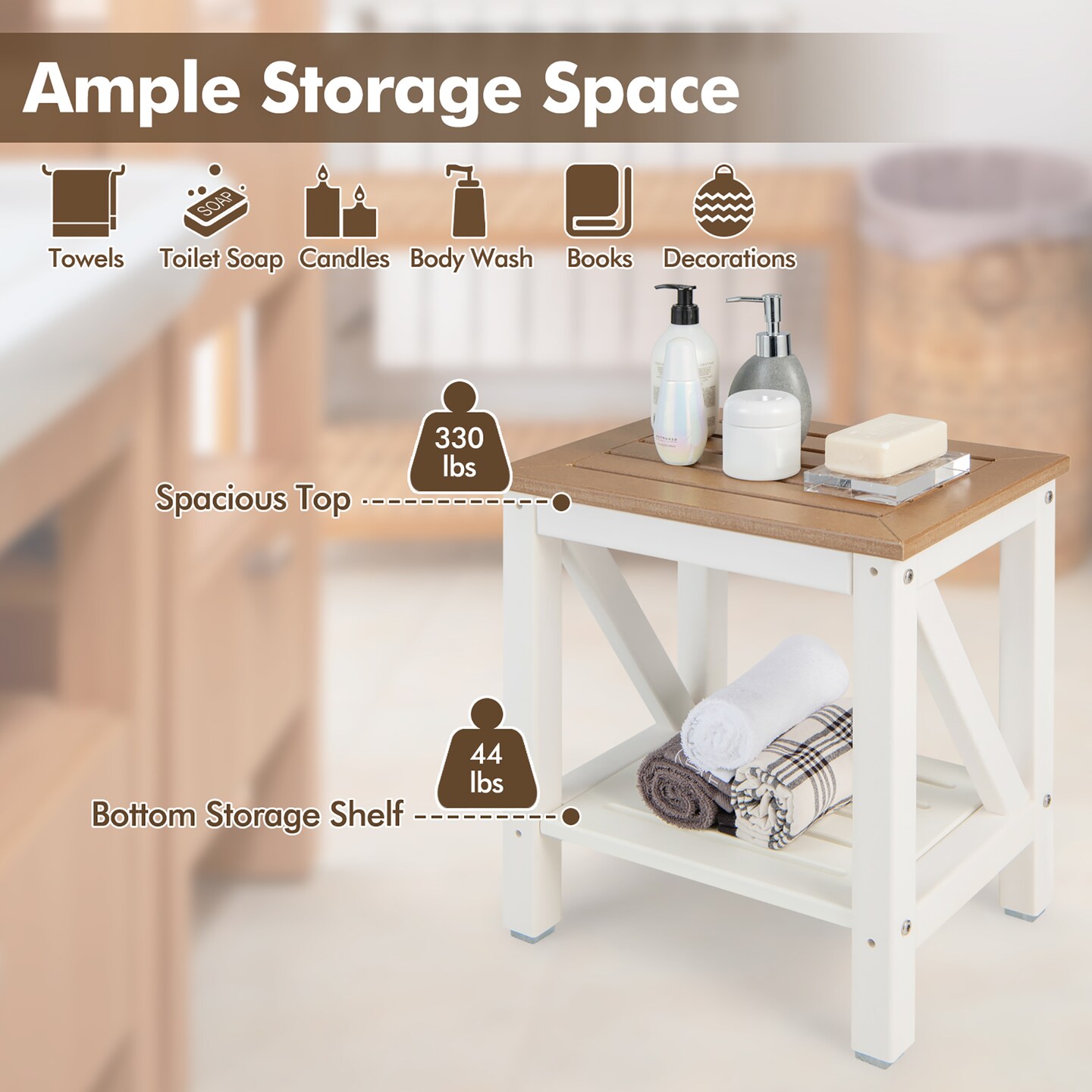 Costway 2-Tier Heavy Duty Waterproof HDPE Shower Bench Stool with Bottom Storage Shelf Off  White &#x26; Brown