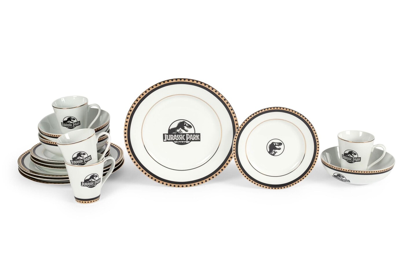 Jurassic Park Logo 16-Piece Ceramic Dinnerware Set Replica | Plates, Bowls, Mugs