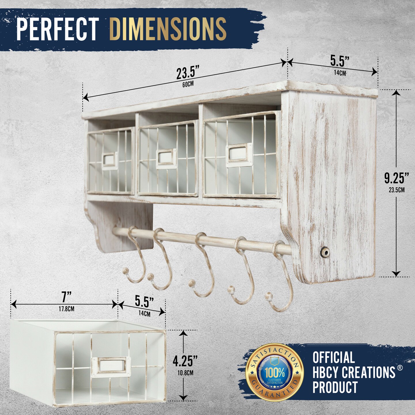 HBCY Creations Rustic Coat Rack Wall Mounted Shelf with Hooks & Baskets, Entryway Organizer Wall Shelf with 5 Coat Hooks and Cubbies