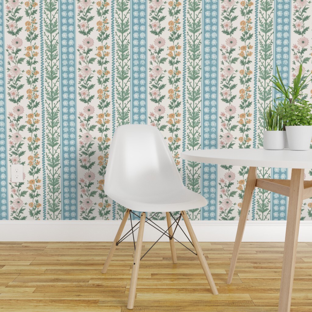 Peel & Stick Wallpaper 2FT Wide Floral Stripes Pink Green Blue Botanical Flowers Custom Removable Wallpaper by Spoonflower
