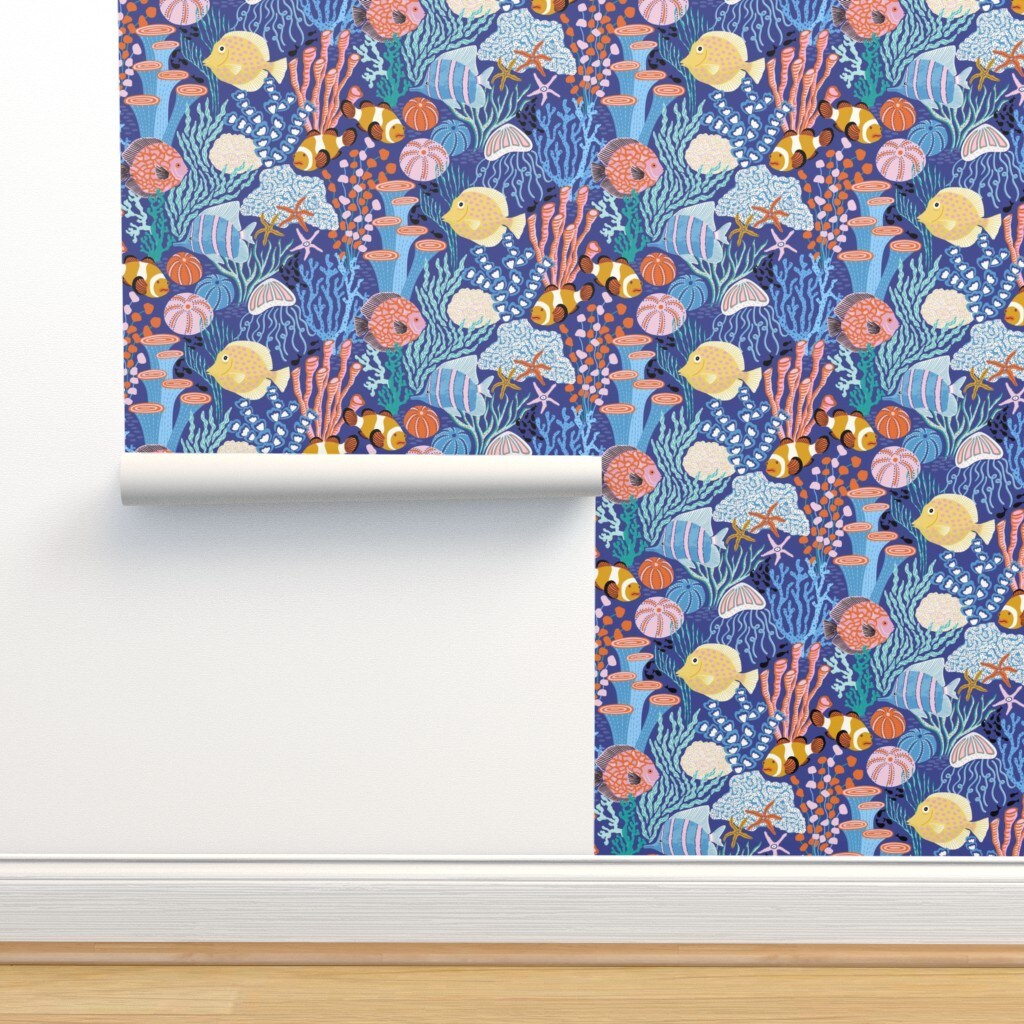 Coral Reef Blue Colorful Tropical Under The Sea Coastal Custom Removable Wallpaper by Spoonflower Peel & Stick Wallpaper 2FT Wide