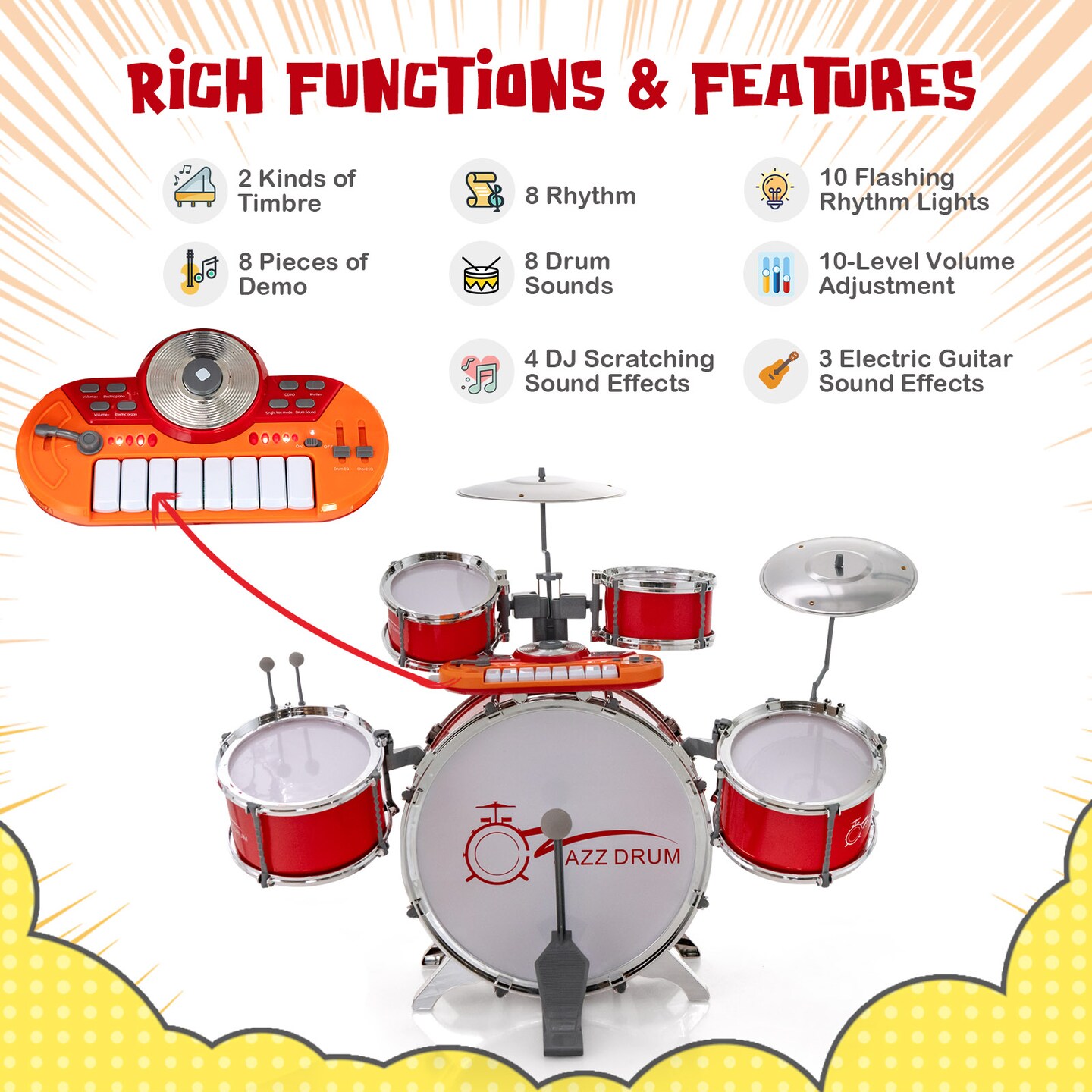 Jazz Drum Musical Instrument Set with Stool and Microphone Stand Ideal for Kids Birthday or Others Occasions