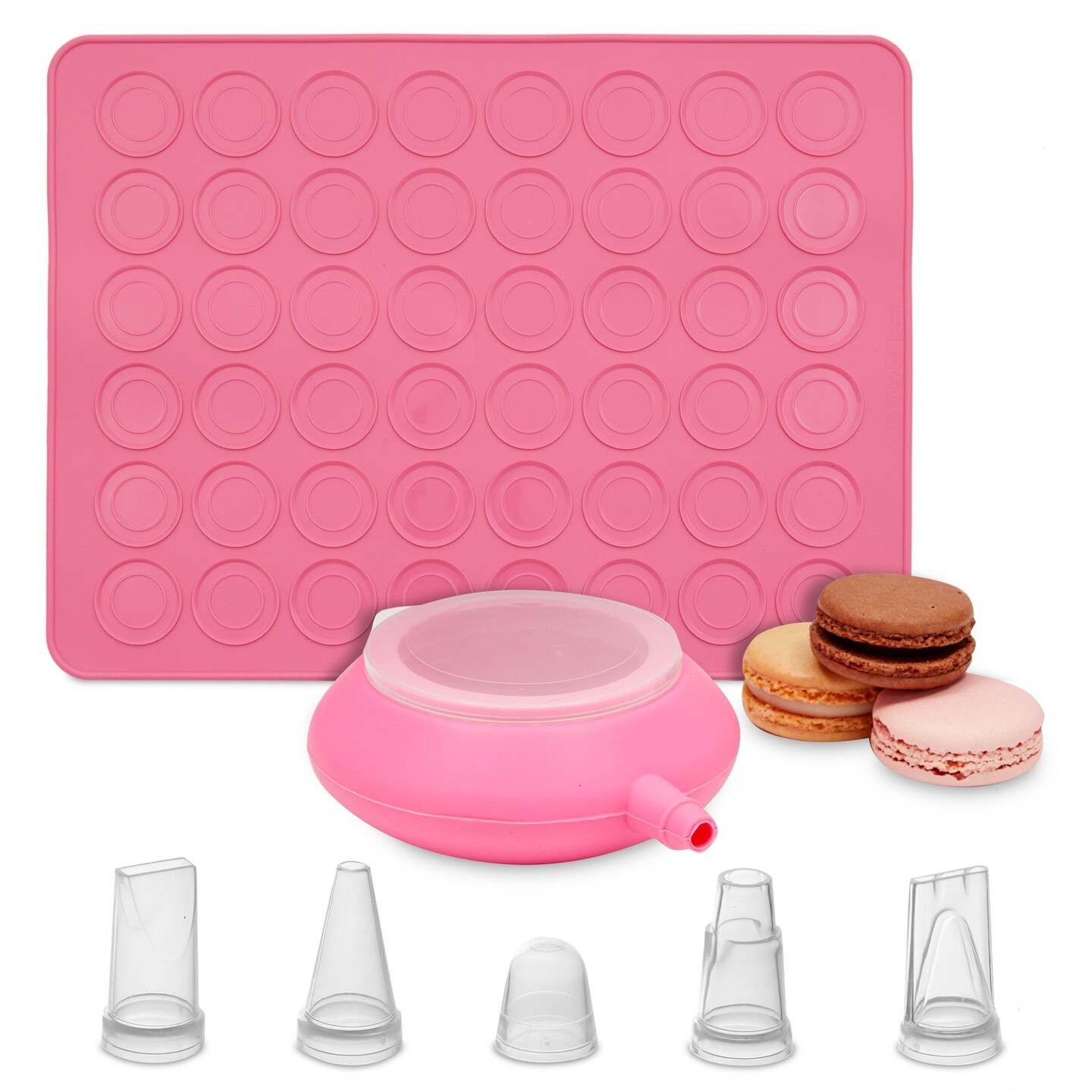 Macaron Baking Kit with Pink Silicone Mat Cookie Sheet, Piping Pot, 5  Nozzle Tips (7-Piece Set)