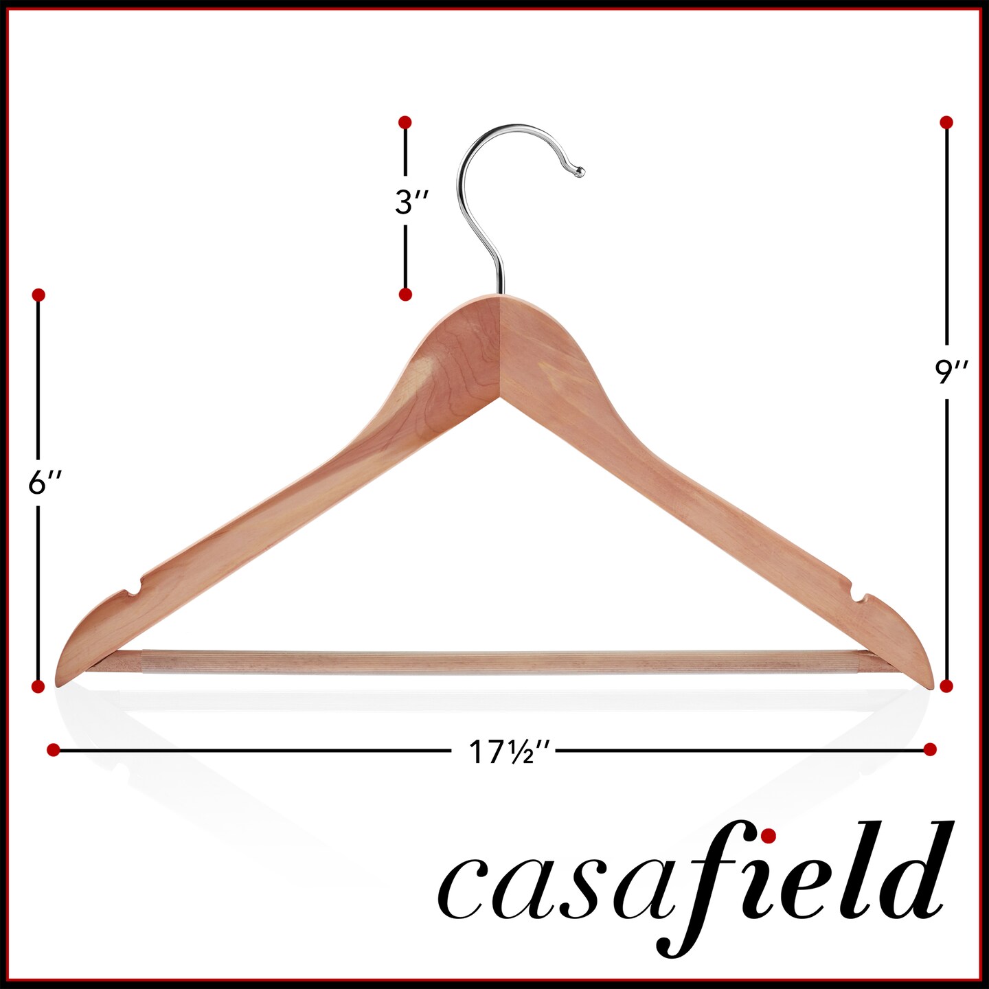 Casafield - Red Cedar Wooden Suit Hangers with Smooth Finish, Notches, and Swivel Hook - Natural Wood Hangers for Clothes, Coats, Pants, Shirts, Skirts