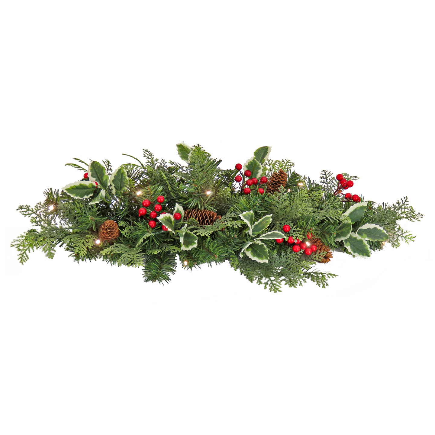National Tree Company First Traditions Pre-Lit Artificial Holly Centerpiece with Red Berries and Pinecones, Warm White LED Lights, Battery Operated, 24 in
