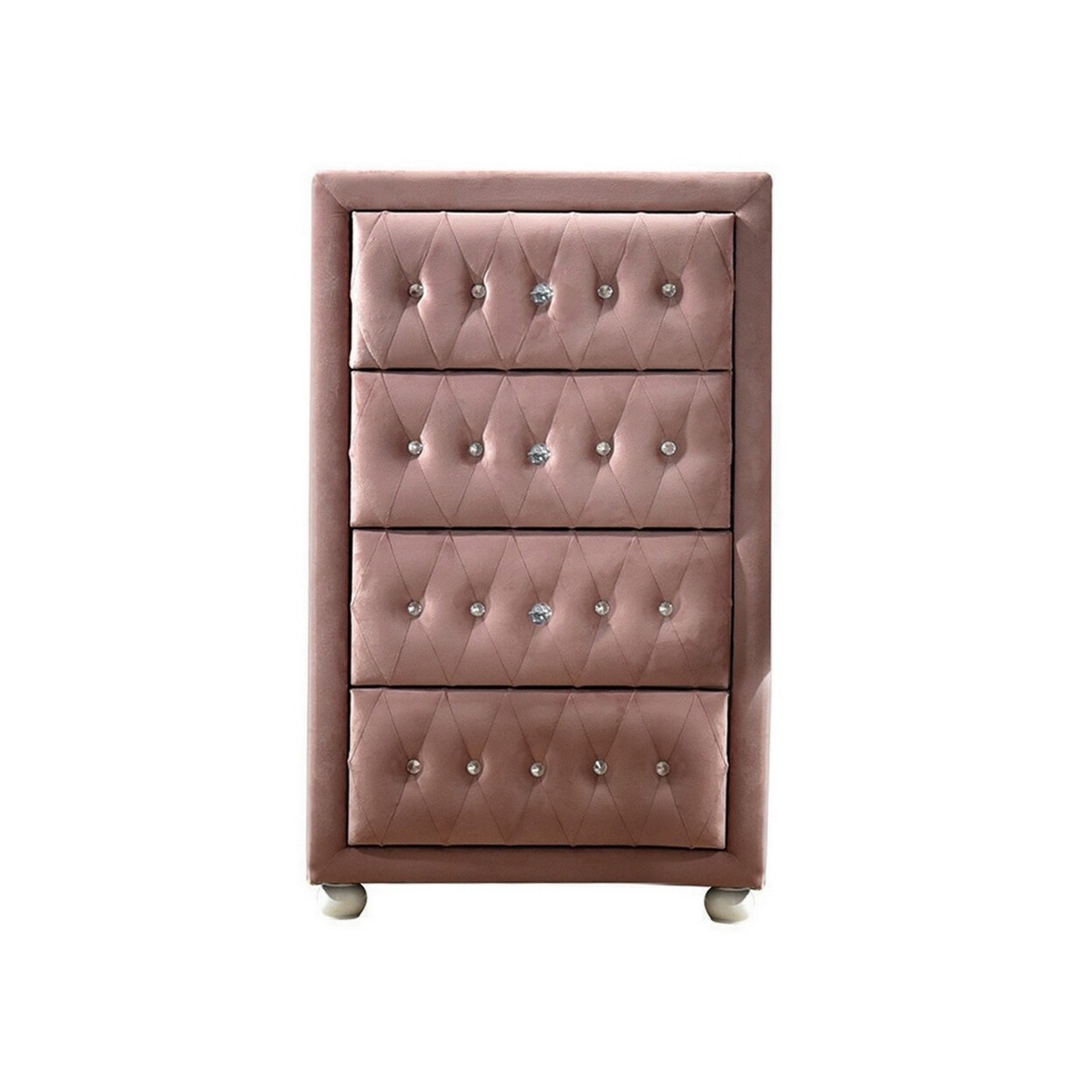 Saltoro Sherpi Rex 38 Inch Tall Upholstered Dresser Chest, 4 Drawer, Crystal Handles, Pink-