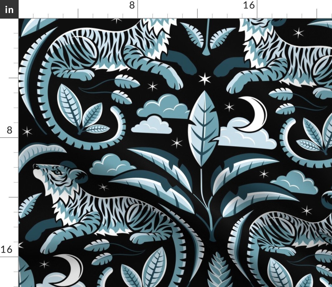 Tiger Damask Dramatic Maximalist Night Sky Dark Jungle Tropical Black Light Blue Custom Printed Fabric by Spoonflower Various Fabrics by the Yard or Fat Quarter