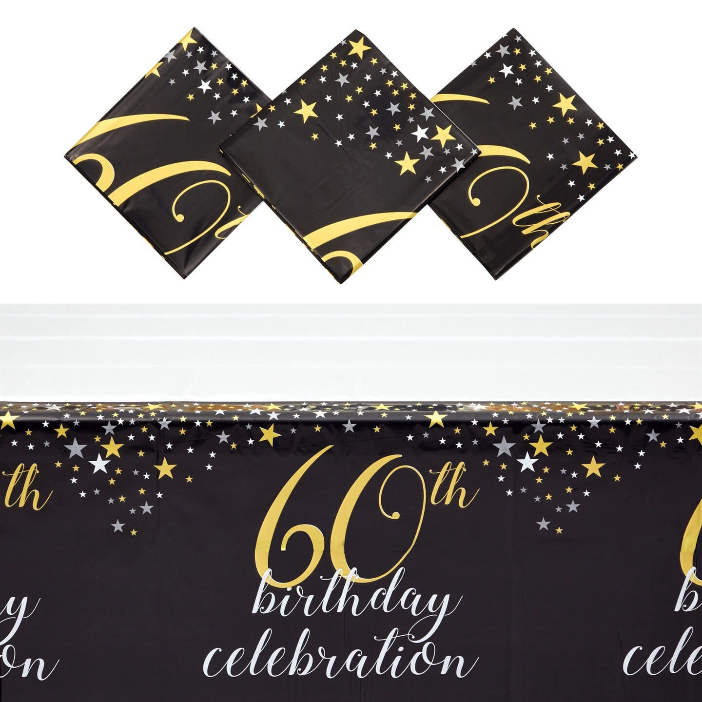 3 Pack Happy 60th Birthday Tablecloth, Disposable Plastic Table Covers for Cheers to 60 Years Party Supplies (54 x 108 In)