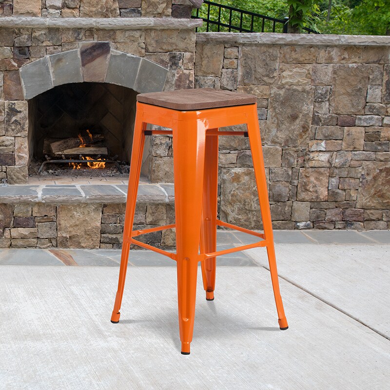Flash Furniture 30&#x22; High Backless Orange Metal Barstool with Square Wood Seat CH-31320-30-OR-WD-GG