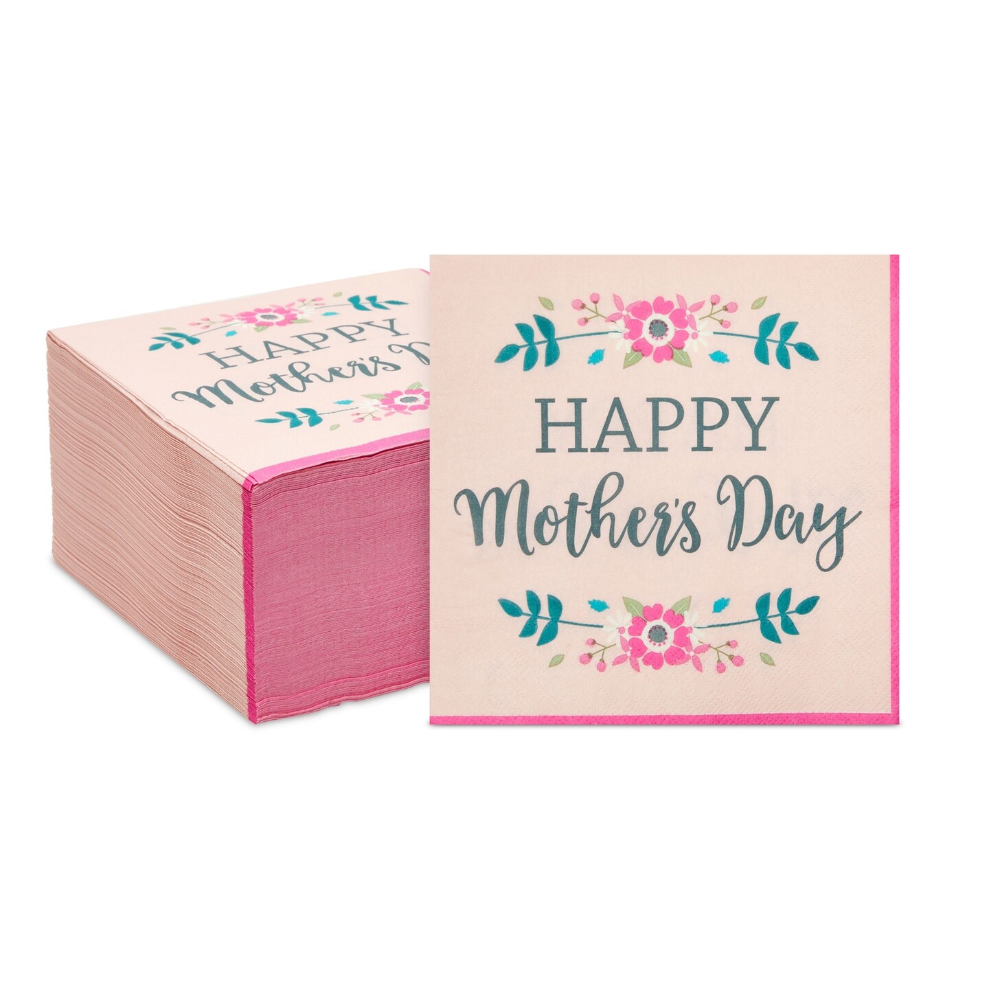 150 Pack Happy Mother&#x2019;s Day Pink Paper Napkins, Floral Party Supplies (Pink, 6.5 x 6.5 In)