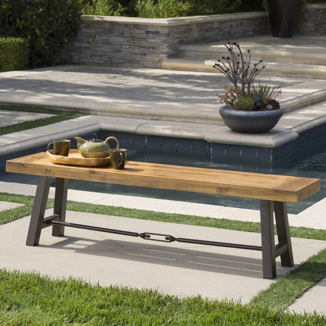 GDFStudio Cana Outdoor Teak Finished Acacia Wood Bench with Rustic Metal Accents