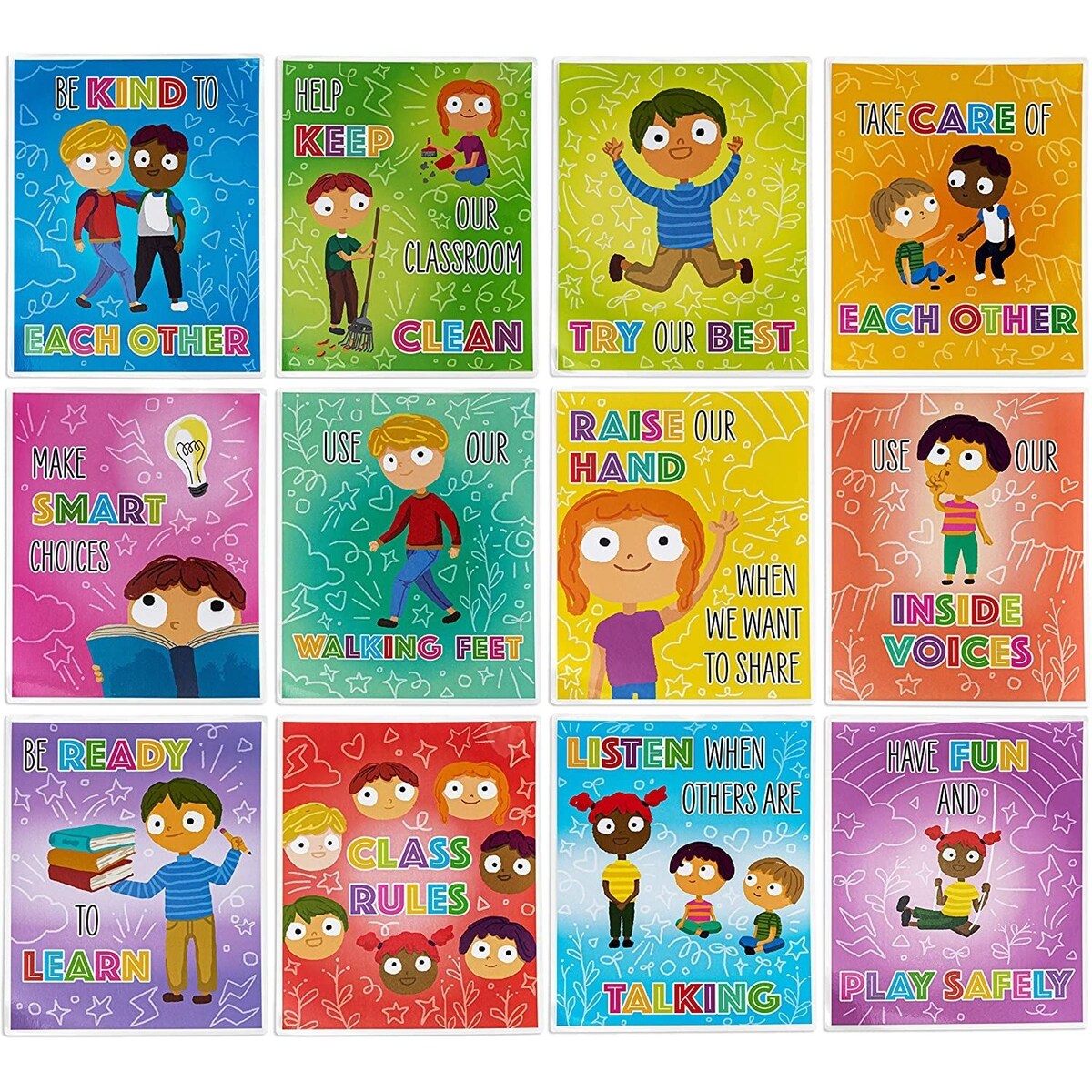 Class Rules Posters for Preschool, Teacher Classroom Supplies (12 Pack)
