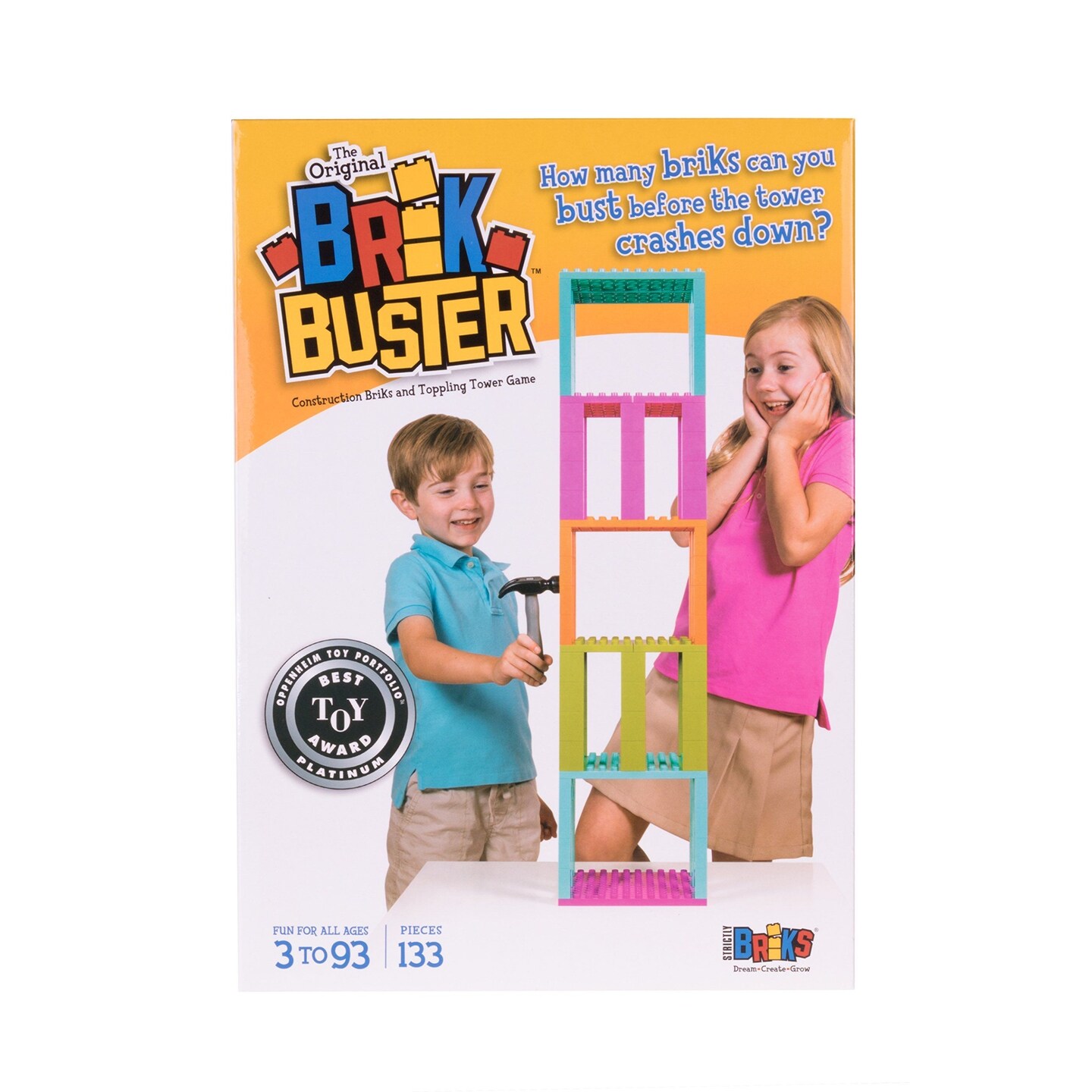 Strictly Briks Brik Buster, Construction Bricks and Toppling Tower Game, 133 Pieces, 100% Compatible with All Major Brick Brands, Fun for All Ages 3+, Award Winning Game Created by Kids for Kids