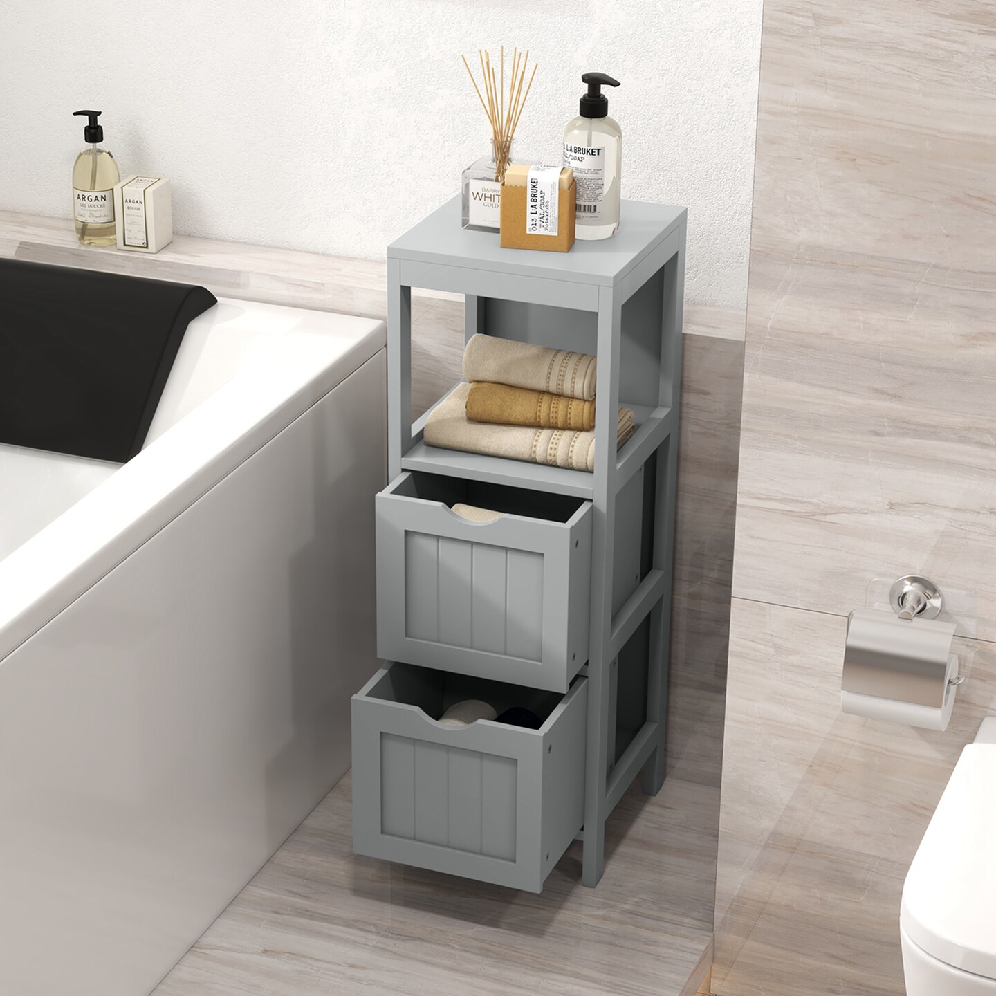 Costway Bathroom Floor Cabinet Freestanding Side Storage Organizer with 2 Removable Drawers Brown/Grey/Black