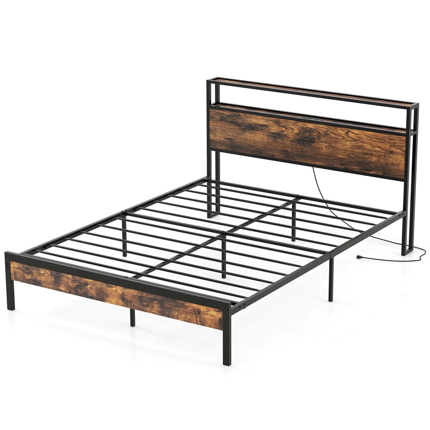 Costway Twin/Full/Queen Bed Frame with Storage Headboard Charging Station 18W USB C Port Rustic Brown