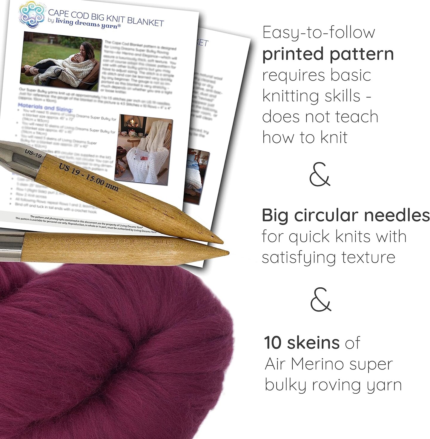 DIY Merino Wool Blanket Knitting Kit: Soft and Thick #7 Weight Jumbo Yarn, Knitting Needles and Pattern. Soft, Cozy, Great for Gifts