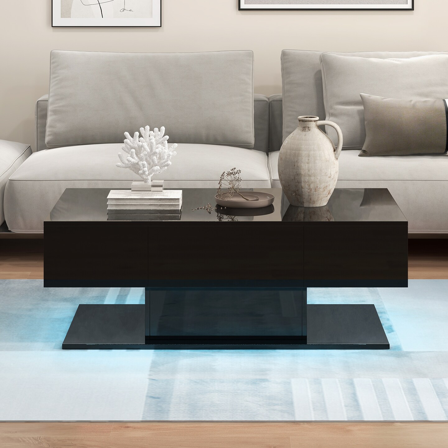 Modern Led Coffee Table With 20 Color Led Lights And 2 Storage Drawers-black