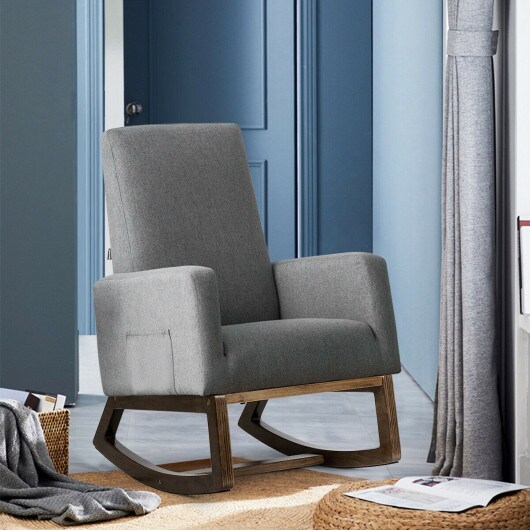 Fabric Rocking Chair High Back Ergonomic Plywood Frame Breathable Upholstery