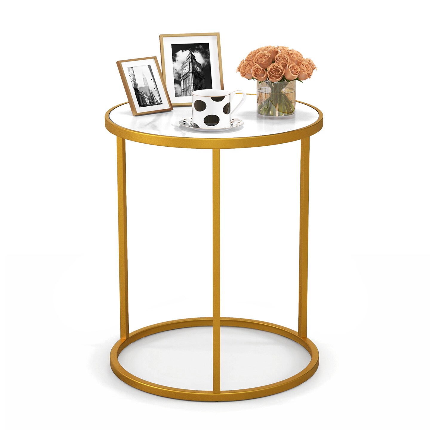 Marble Top Round Side Table 16-inch End Table With Golden Metal Frame