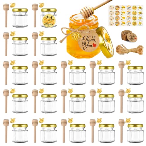 20 Pck Mini Glass Honey jars-1.5 oz, Hexagon Honey Jars with Wooden Dipper, Gold Lid, Bee Pendant, Rope-12m Mini Honey Jars with Lids, Perfect for Baby Shower, Wedding Favors, Party Favors