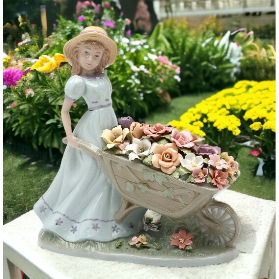kevinsgiftshoppe Ceramic Girl Pushing Flower Cart Figurine, Home ...