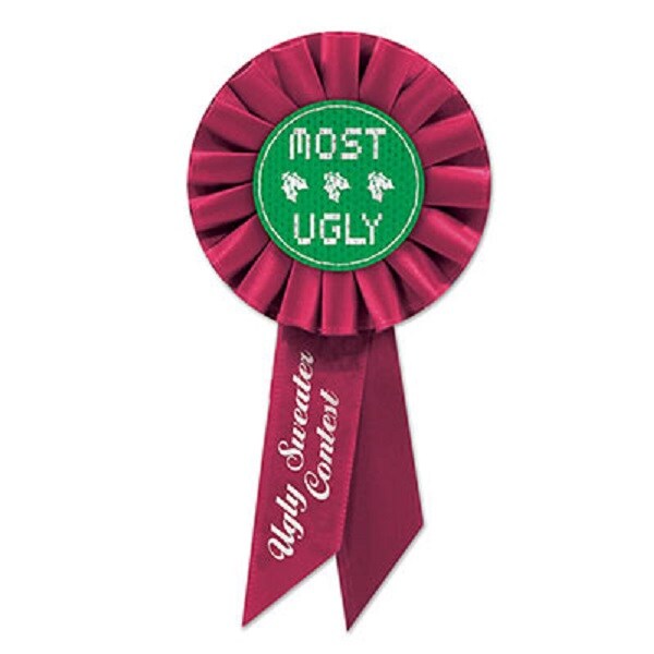 Beistle Pack of 6 Burgundy and Green Ugly Sweater Rosette Ribbon Christmas Accessories 6.5&#x22;