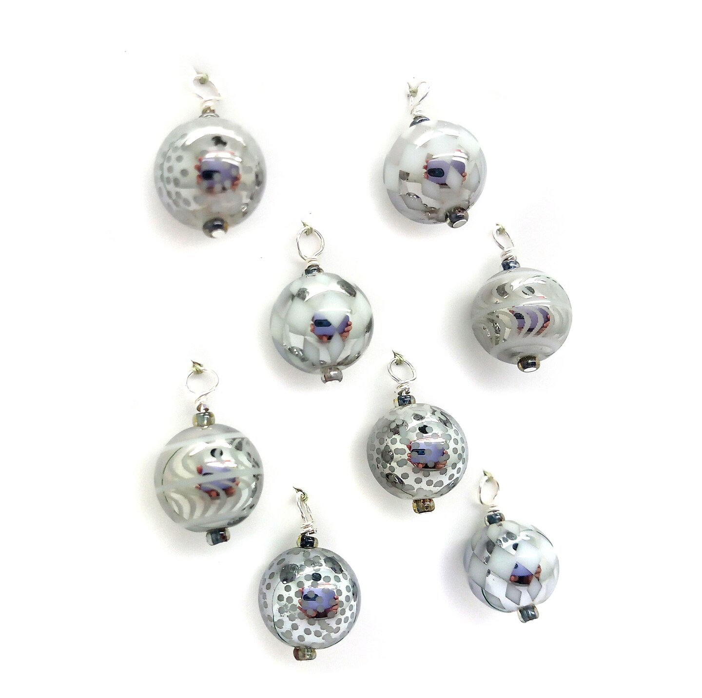 Miniature Christmas Ornaments, 8 pieces with Hooks, Silver Patterned Glass Baubles, Adorabilities