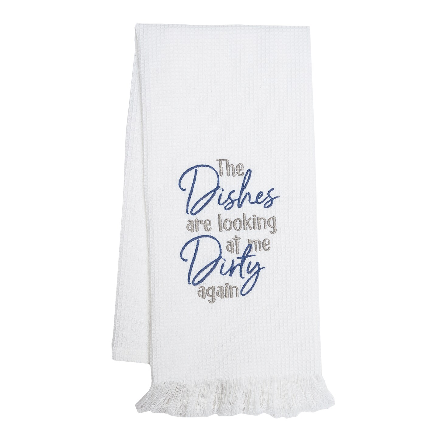 Dishes Looking At Embroidered Waffle Weave Kitchen Towel