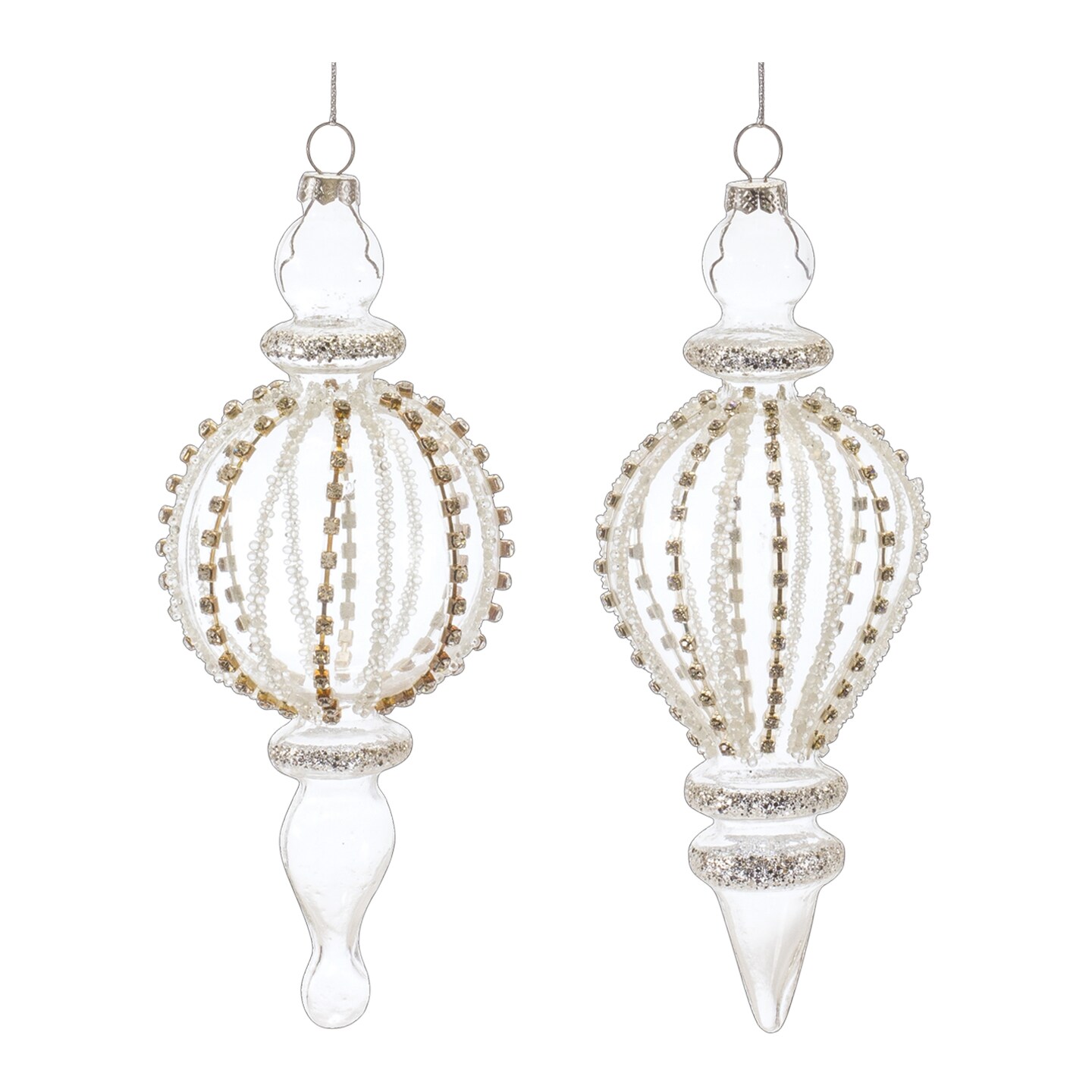 Melrose Jeweled Glass Christmas Finial Drop Ornaments - 7.25&#x22; (180mm) - Clear and Gold - 6ct