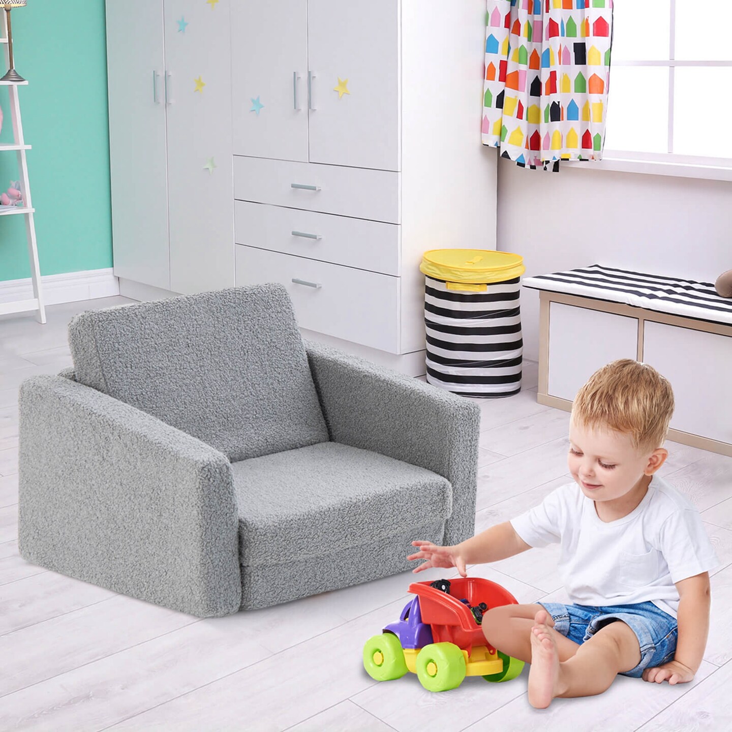 Honeyjoy 2-in-1 Toddler Fold out Couch Children&#x2019;s Convertible Sofa to Lounger Grey