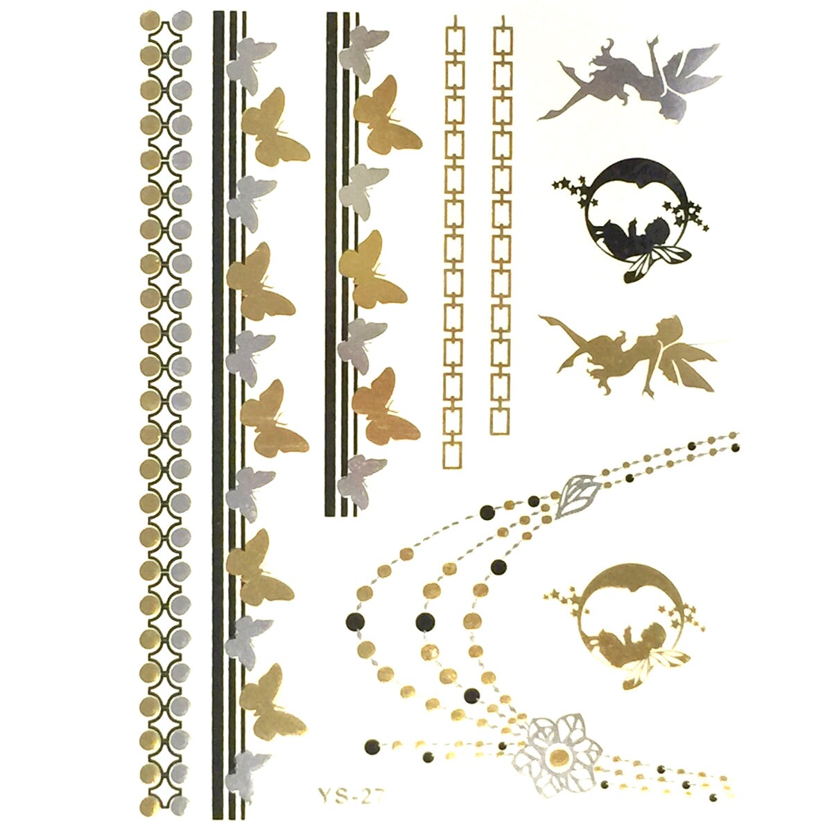 Wrapables Celebrity Inspired Temporary Tattoos in Metallic Gold Silver and Black, Butterflies and Fairies, Large