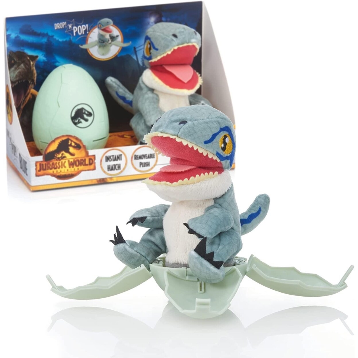Jurassic World Drop N Pop Blue Velociraptor Dinosaur Egg Pop-Up Plush Toy Wow Stuff