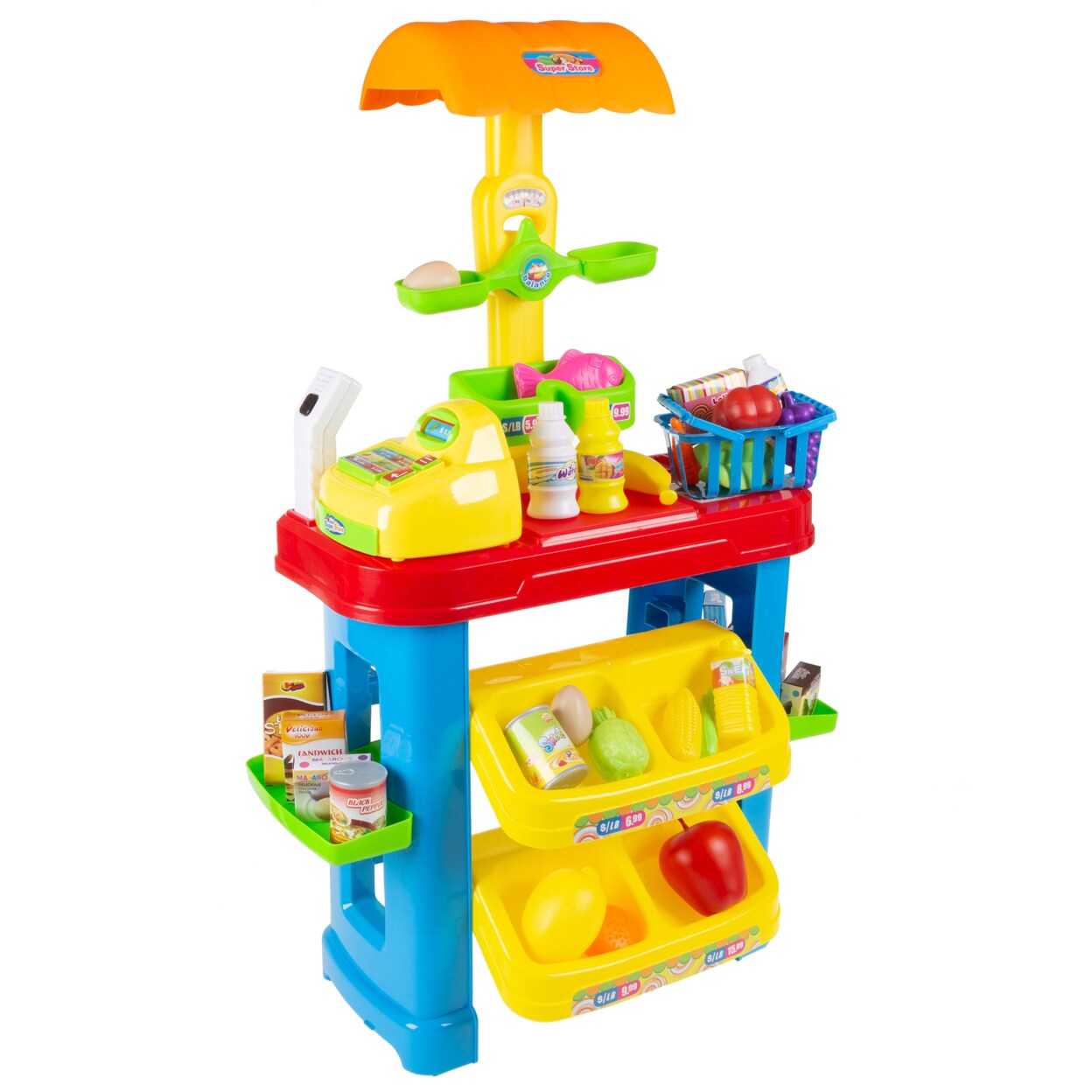 Hey! Play! Kids Grocery Store Selling Stand Supermarket Playset with Toy Cash Register, Scanner, Play Money, Shopping Basket