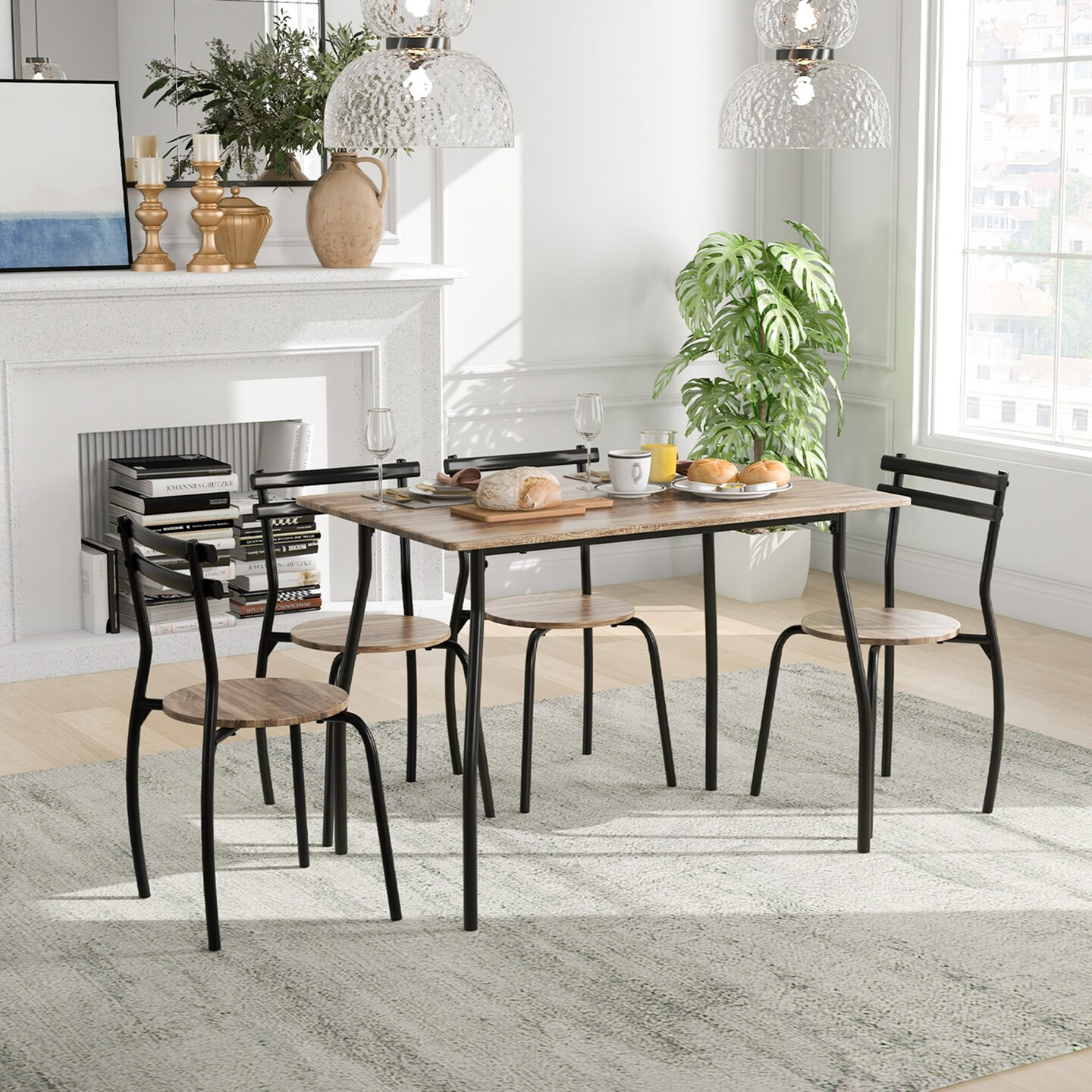 Costway 5PCS Dining Table Set 4 Chairs Wood &#x26; Metal Frame Space-saving Kitchen Furniture