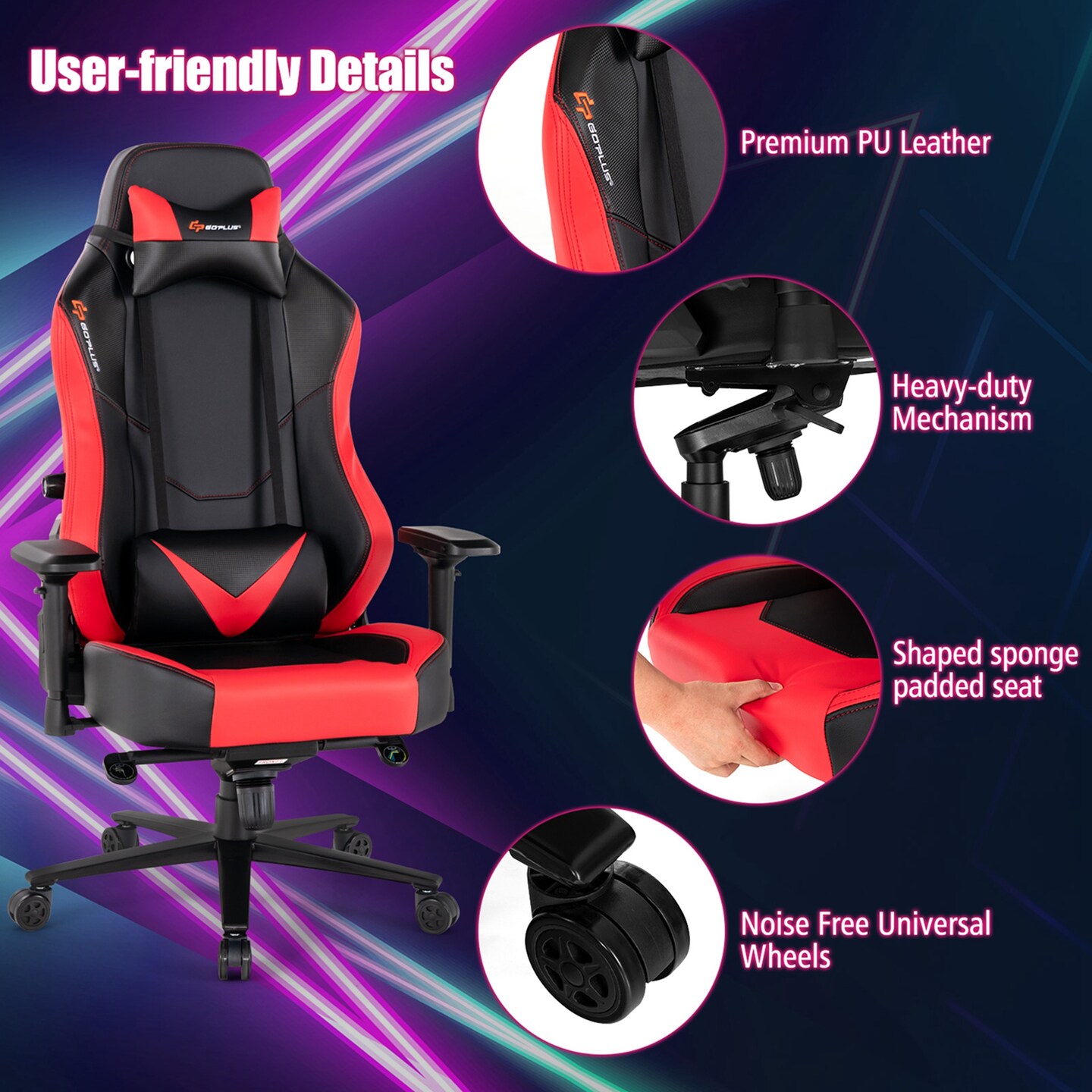 Goplus Gaming Chair 360&#xB0; Swivel Computer Reclining Height Adjustable 4D Armrest Red