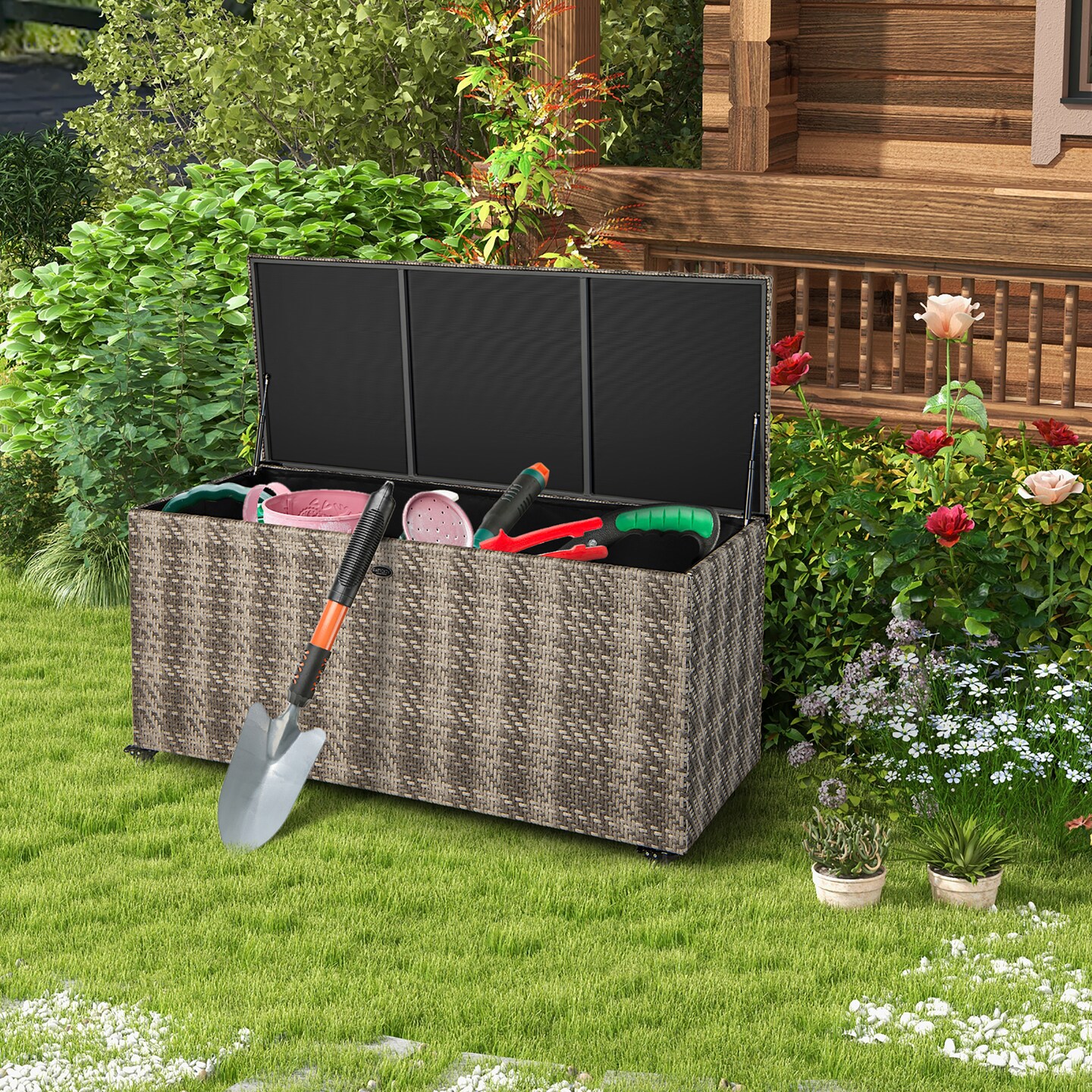 Costway 96 Gallon Patio Rattan Storage Deck Box Container Garden Liner Wheels Mix Brown/Grey